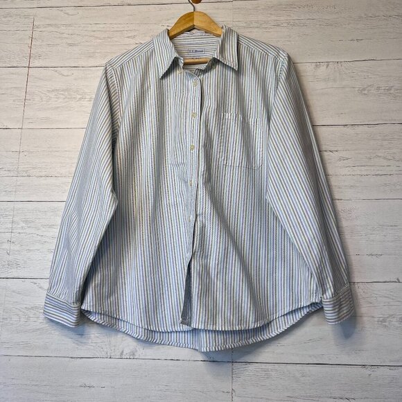 L.L. Bean Shirt Mens SZ XL Blue, Green & White Striped Cotton Button Down Preppy - Picture 1 of 15